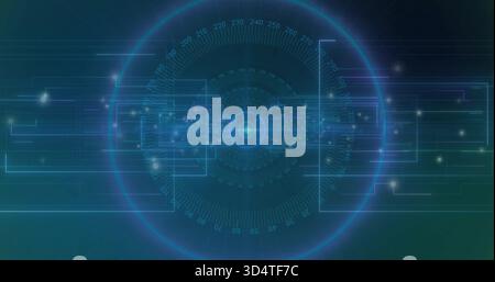 Displaying central circular HUD pulsing with bright focal node at virtual dashboard, with rings Stock Photo