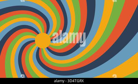 Warm sunset tones enhance this swirl groovy starburst background with glowing energy. Stock Vector