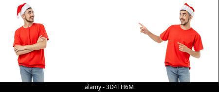 Smiling young man in red shirt and Santa hat, isolated, PNG Stock Photo