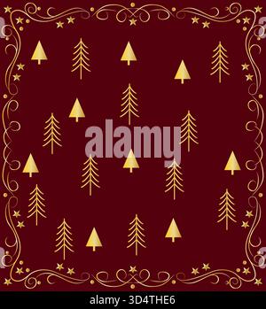 Golden Christmas tree pattern on a red background Stock Vector