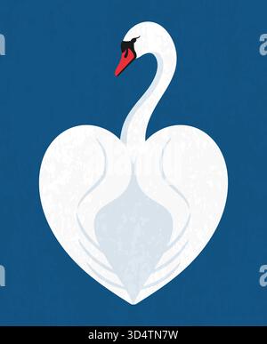 Swan with heart shaped wings. Graceful swan bird on blue background. Vector illustration Stock Vector