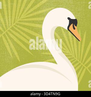 Beautiful swan portrait on grunge dotted background decorated with leaves. Bird shadow. Vector illustration Stock Vector
