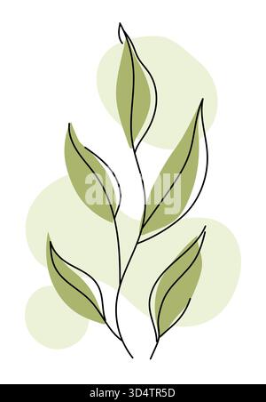 Minimal branch with thin black outline and light green leaves on soft green circular shapes Stock Vector