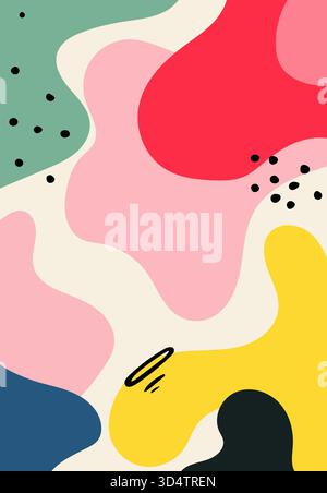 Bright abstract blobs in pink, red, yellow, green, and blue with small black dots scattered Stock Vector