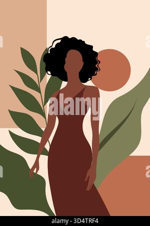 Woman with curly hair in brown dress standing among large green leaves and abstract shapes Stock Vector