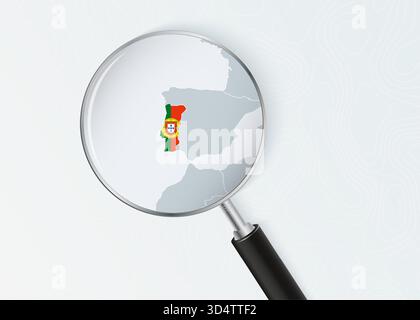 Portugal Map Under Magnifying Glass with National Flag Overlay. The image represents geographical focus, national identity, and exploration. Stock Vector