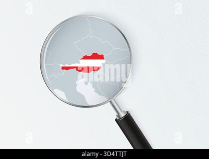 Austria Map Under Magnifying Glass with National Flag Overlay. The image represents geographical focus, national identity, and exploration. Stock Vector