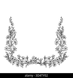 Floral frame of cherry blossom branches, sketch. Vector illustration. Square flower wreath isolated on white background. Suitable for cards, invitatio Stock Vector