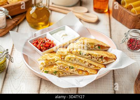 Quesadilla with chicken and cheese Stock Photo
