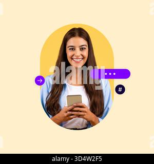 Smiling Woman Holding a Smartphone With a Bright Background and Engaging Expression Stock Photo