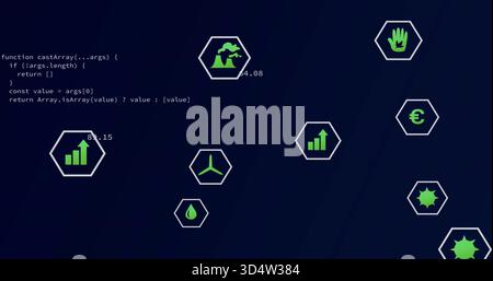 Displaying hex cluster occupying center on navy dashboard, showing code and numeric labels Stock Photo