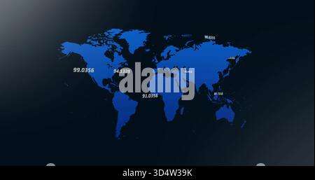Displaying stylized world map graphic centered on dark navy gradient, showing white numeric labels Stock Photo