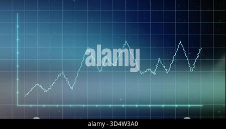Displaying teal jagged line plot glowing on dashboard screen, with y-axis, x-axis nodes, grid Stock Photo