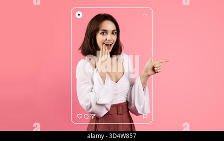 Collage of a Surprised Woman Posing Playfully Against a Pink Background Stock Photo
