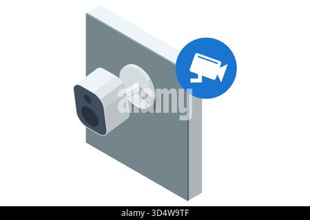 Smart Home Security Camera monitoring. Isometric illustration of a smart home security camera mounted on a wall with a blue CCTV icon, representing Stock Vector