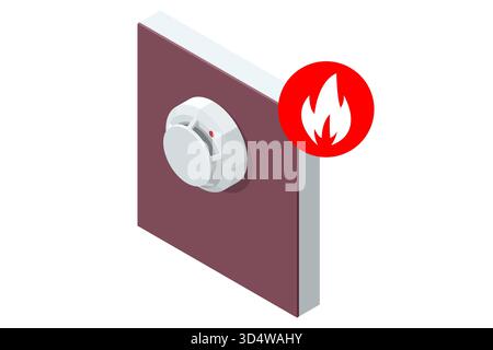 Smart Home Smoke Detector. Isometric illustration of a smart smoke detector on a wall with a red fire icon, symbolizing safety, fire alarm, and home Stock Vector