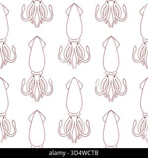 Squid seamless pattern in line art style. Undersea animal silhouette for summer beach design on a white background. Stock Vector