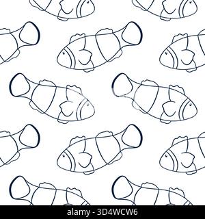 Clown fish seamless pattern in line art style. Background of undersea fish for logo design, menu, restaurant, seafood store. Stock Vector