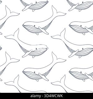 Humpback whale seamless pattern in line art style. Undersea animal background for summer beach design. Stock Vector