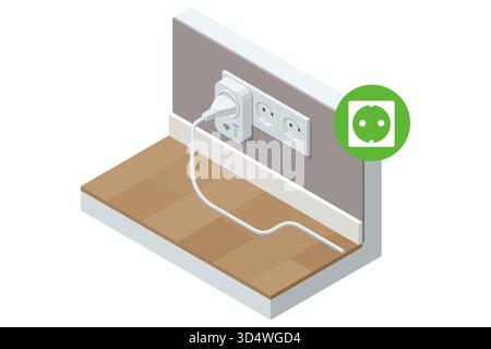 Smart Plug and Power Outlet. Isometric illustration of a smart plug connected to a power outlet with Wi-Fi signal, symbolizing energy monitoring and Stock Vector