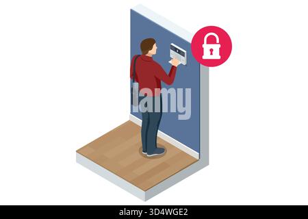Smart Home Alarm System. Isometric illustration of a man entering a security code on a smart alarm system panel, symbolizing home protection and Stock Vector