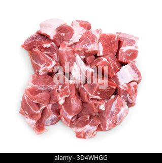 A close-up of a generous pile of raw, diced pork shoulder chunks, showcasing marbling and visible white fat, isolated on white. High quality photo Stock Photo