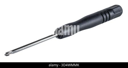 Small and thin screwdriver with a cross head point for working on computers or electronic projects isolated on a white, background. Stock Photo