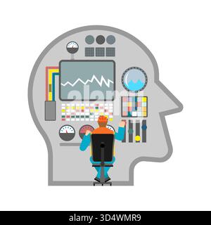 Operator controls the human brain with monitors and buttons. Concept of thinking process, control, or artificial intelligence. Vector illustration. Stock Vector
