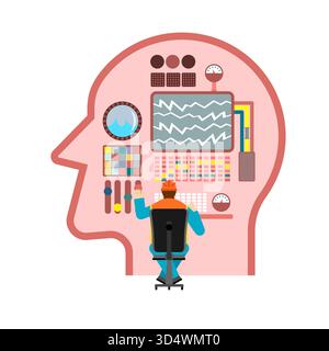 Artificial Intelligence control and machine learning. A man operates a complex mechanism inside a stylized head, symbolizing AI training and developme Stock Vector