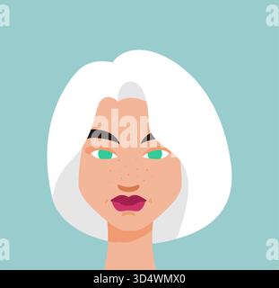 Portrait of a confident, stylish young woman with striking gray hair and bright eyebrows. Minimalistic flat vector illustration on a light background. Stock Vector