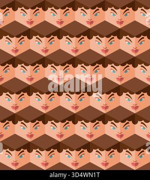 Seamless pattern composed of repeating rows of stylized human heads or faces. Represents social networking, crowd, diversity, or abstract portraiture Stock Vector