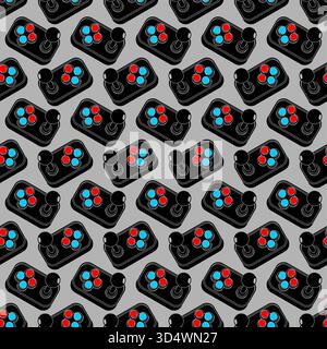 Seamless pattern with retro video game controllers on a dark, black background. Design for gaming accessories, merchandise, or electronic entertainmen Stock Vector
