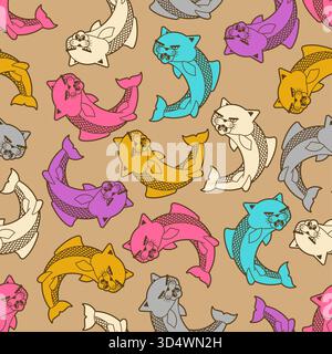 Seamless pattern with catfish hybrid creatures. Funny fantasy animal design, colorful vector background. Stock Vector