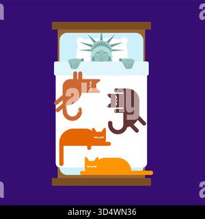 Statue of Liberty sleeping in bed surrounded by cats. Symbol of loneliness, peace, and inner calm. Flat vector illustration. Stock Vector