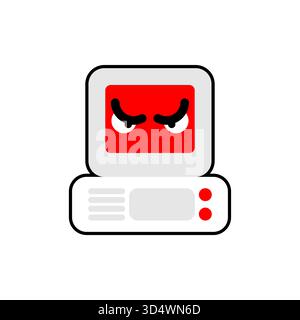 Vintage computer with a bright red monitor screen displaying an evil face with horns. Concept of computer virus, cybercrime, error, or digital threat Stock Vector