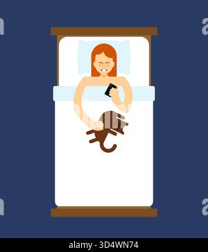 woman in bed scrolling through social media on her smartphone before sleep, with a cat resting nearby. Represents digital detox issues, night routine, Stock Vector