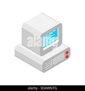 Vintage personal computer with a monitor and keyboard in isometric 3D flat style. Represents retro technology, nostalgia, or computing history Stock Vector