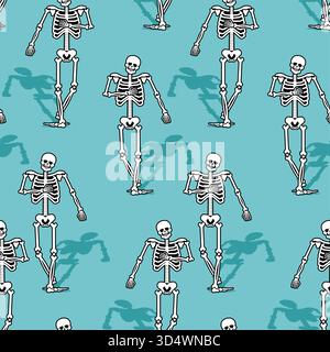 Seamless pattern with small, stylized skeleton figures walking or marching in motion. Represents anatomy, death, health, Halloween, or abstract medica Stock Vector