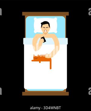 man in bed scrolling through social media on his smartphone before sleep, with a cat resting nearby. Represents digital detox issues, night routine, o Stock Vector