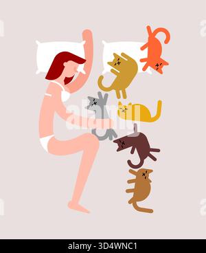 single woman sleeping with multiple catsin her bed. Represents a "cat lady" lifestyle, solitude, and finding comfort or emotional support in animal co Stock Vector