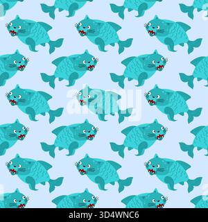 Seamless background pattern featuring whimsical stylized fish with cat heads. A playful and unique design for creative textiles, kids' items, or fanta Stock Vector