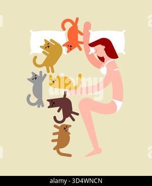 single woman sleeping with multiple cats in her bed. Represents a "cat lady" lifestyle, solitude, and finding comfort or emotional support in animal c Stock Vector