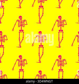 Seamless pattern with small, stylized skeleton figures walking or marching in motion. Represents anatomy, death, health, Halloween, or abstract medica Stock Vector