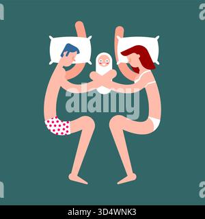 Two parents (a couple) and a baby sleeping in one bed. Represents co-sleeping, family sleep, parental love, and shared rest Stock Vector