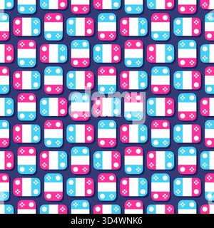 Seamless geometric pattern with repeating block shapes, stylized as simple retro video game controllers (gamepads/joysticks) in pink, blue, and white. Stock Vector