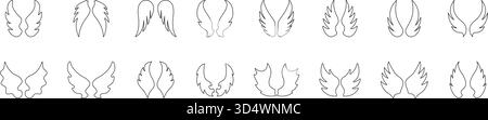 Wing Outline Variations Line Icon Set. Collection Of Hand-Drawn Wing Shapes. Flight, Lightness, Fantasy And Spiritual Concepts. Editable Stroke Stock Vector