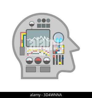 human head in profile, containing complex machinery and monitors. Concept of Artificial Intelligence (AI), mind control, mental health, or cognitive p Stock Vector