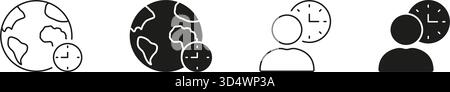 World And Person With Clock Solid Icon Set. Global Time Management And International Scheduling Outline And Silhouette Symbol. Time Zone Coordination Stock Vector
