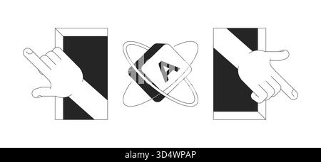 Keyboard key orbit and interactive hands 2D line objects set Stock Vector