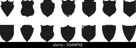 Pixel Art Shield Icon Set. Medieval Heraldry And Protection Symbol Collection. Vintage Emblem Designs For Security And Defense Themes. Isolated Vector Stock Vector